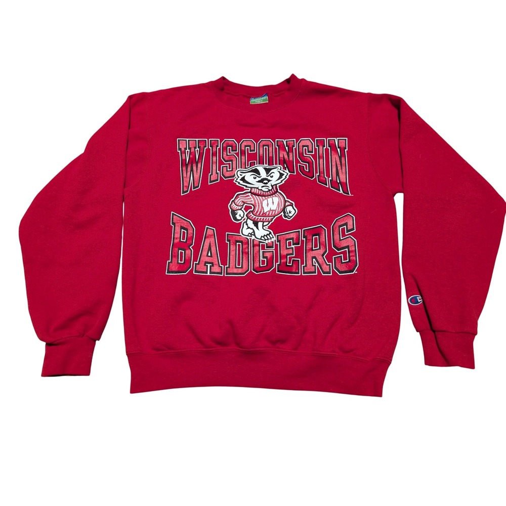 VTG Champion Wisconsin Badgers Eco Fleece Sweatshirt Red Crewneck Bucky Badger S